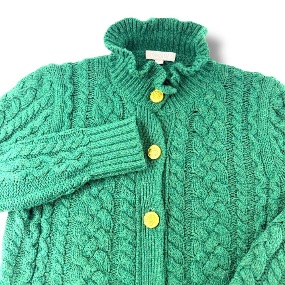 JCrew Cable Knit Cardigan Womens Small Green Gold Crest Buttons Dark Academia